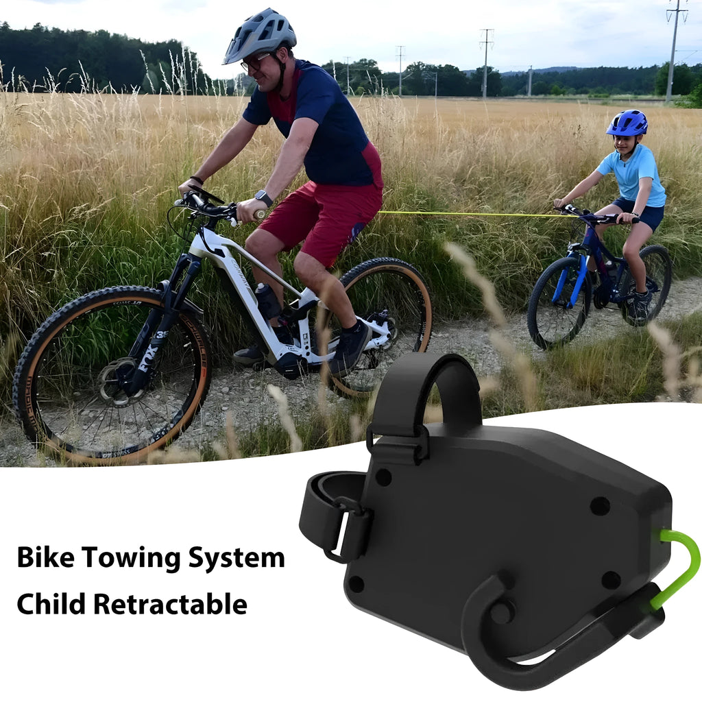 Black plastic bicycle trailer traction device with connecting rope and quick-release mechanism