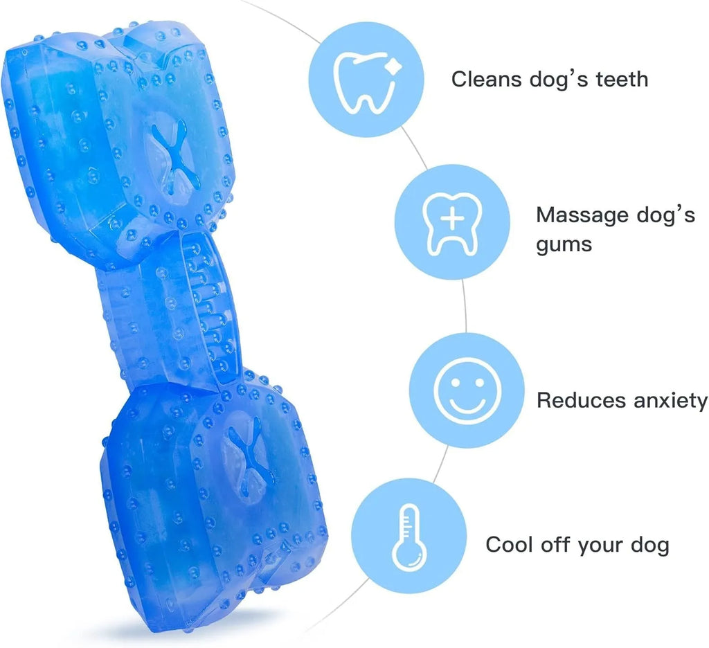 Freezable plastic dog chew toy filled with water for cooling and teething relief.