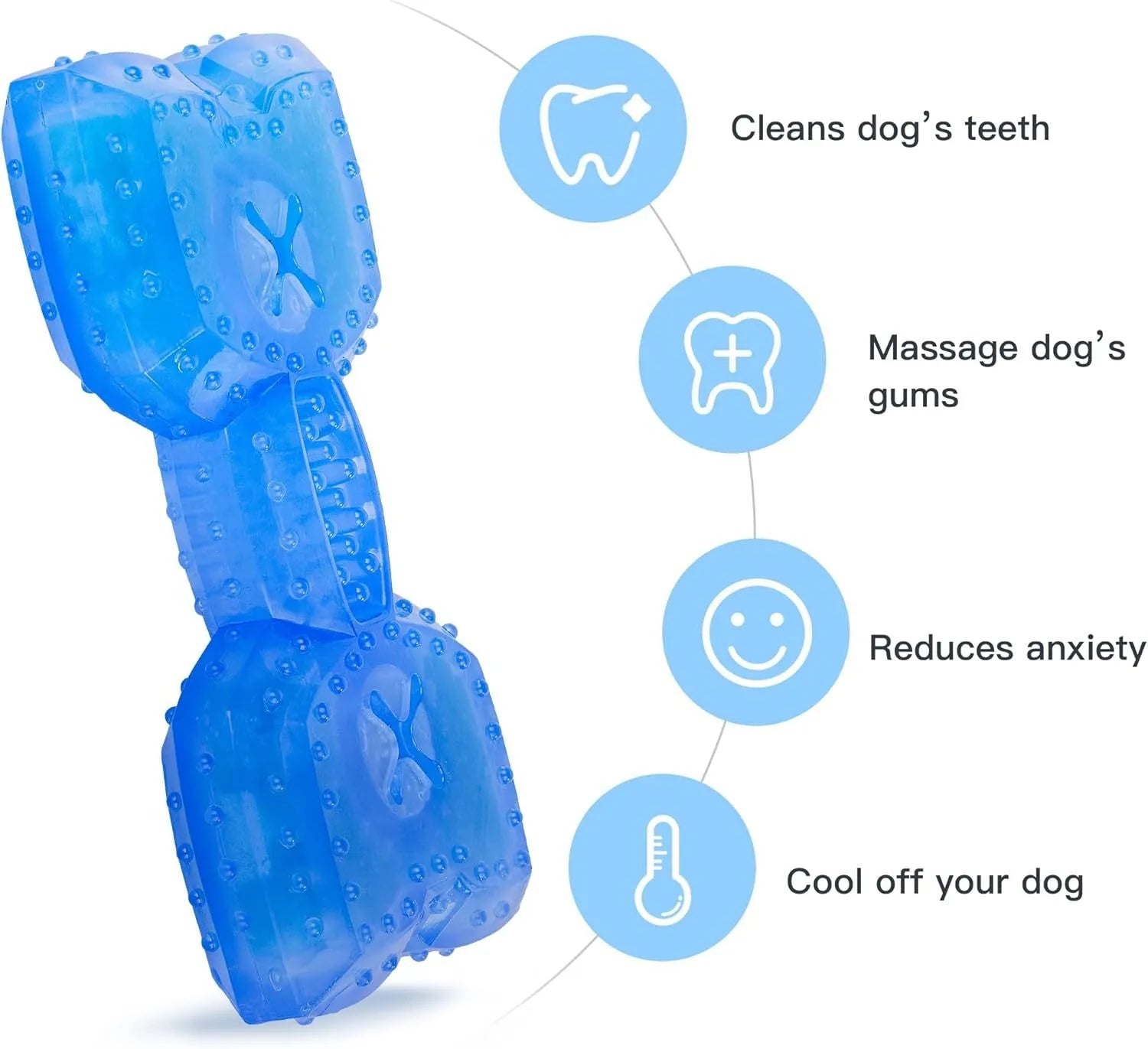 Freezable plastic dog chew toy filled with water for cooling and teething relief.