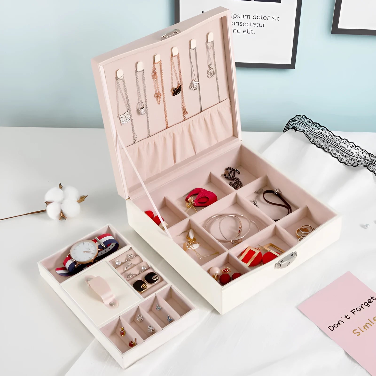 Large red or white PU jewellery storage box for necklaces and rings.