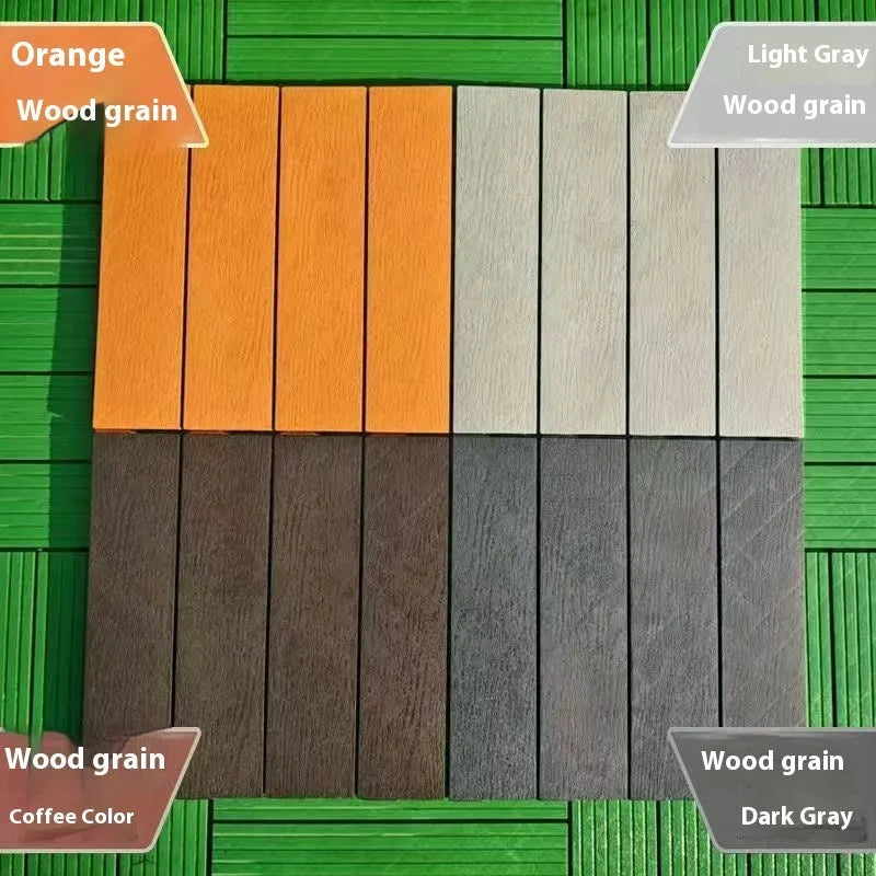 Plastic interlocking floor tiles in wood grain pattern showing 300x300mm dimensions and non-slip surface texture