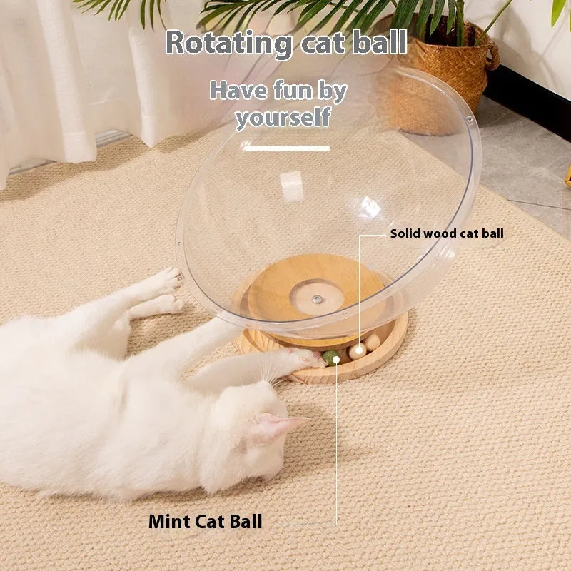 Transparent acrylic cat space capsule turntable with wooden base in cage setting