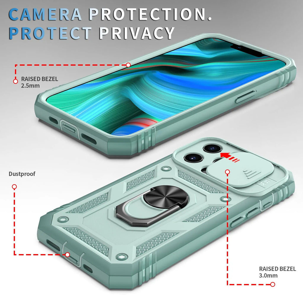Sergeant sliding window magnetic ring drop-resistant phone case for Apple iPhone, black, rear view showing sliding window and alloy ring