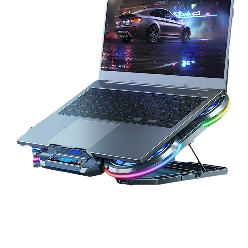 Notebook Play Speed 4-core laptop cooler in black with RGB lighting and blue light white leaf fan on a desk