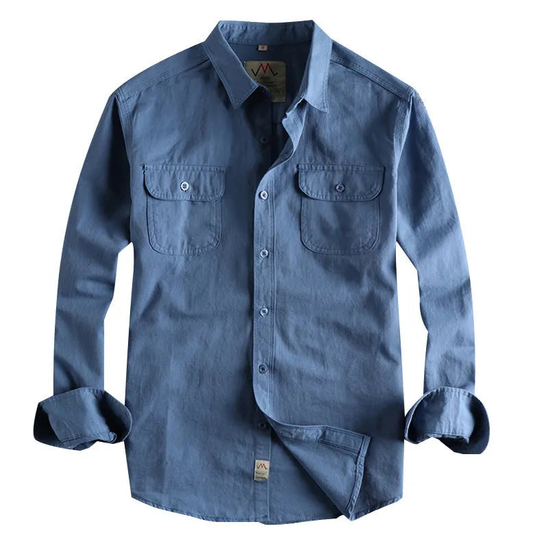 Men's solid colour cotton long sleeve shirt in British retro cardigan style, shown in light blue.