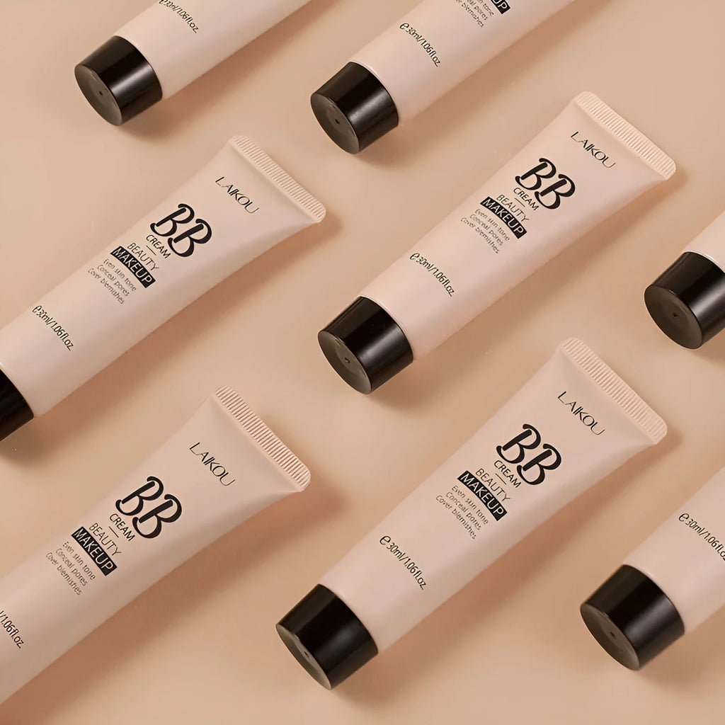 30ml tube of natural finish BB cream showing nine colour shade options from Ivory White to Brown