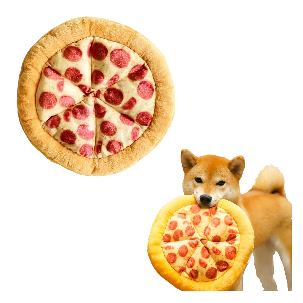 Yellow pizza and teddy bear dual-design dog chewing toy with squeaker