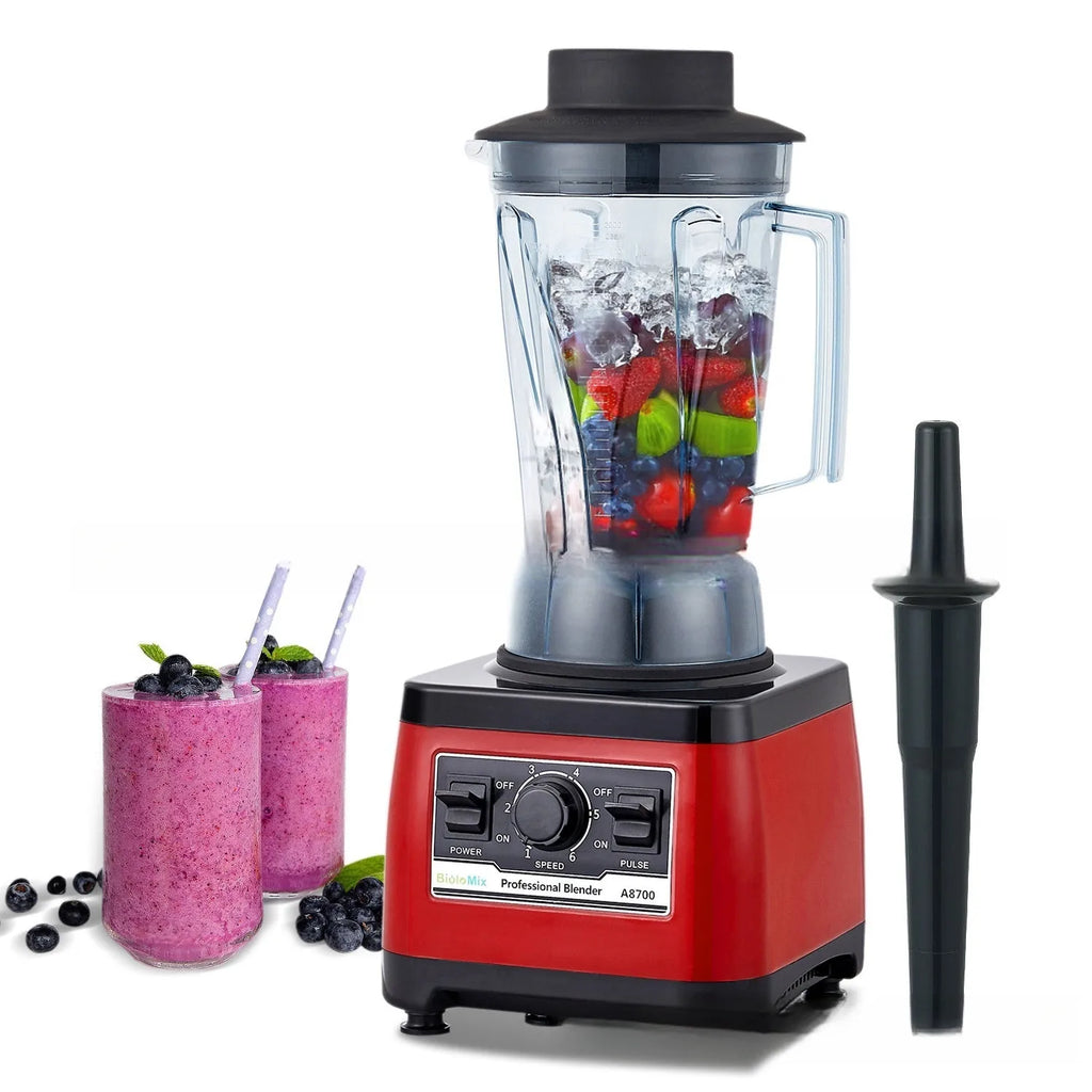 Red industrial commercial blender with 2200W motor and 2-litre container.