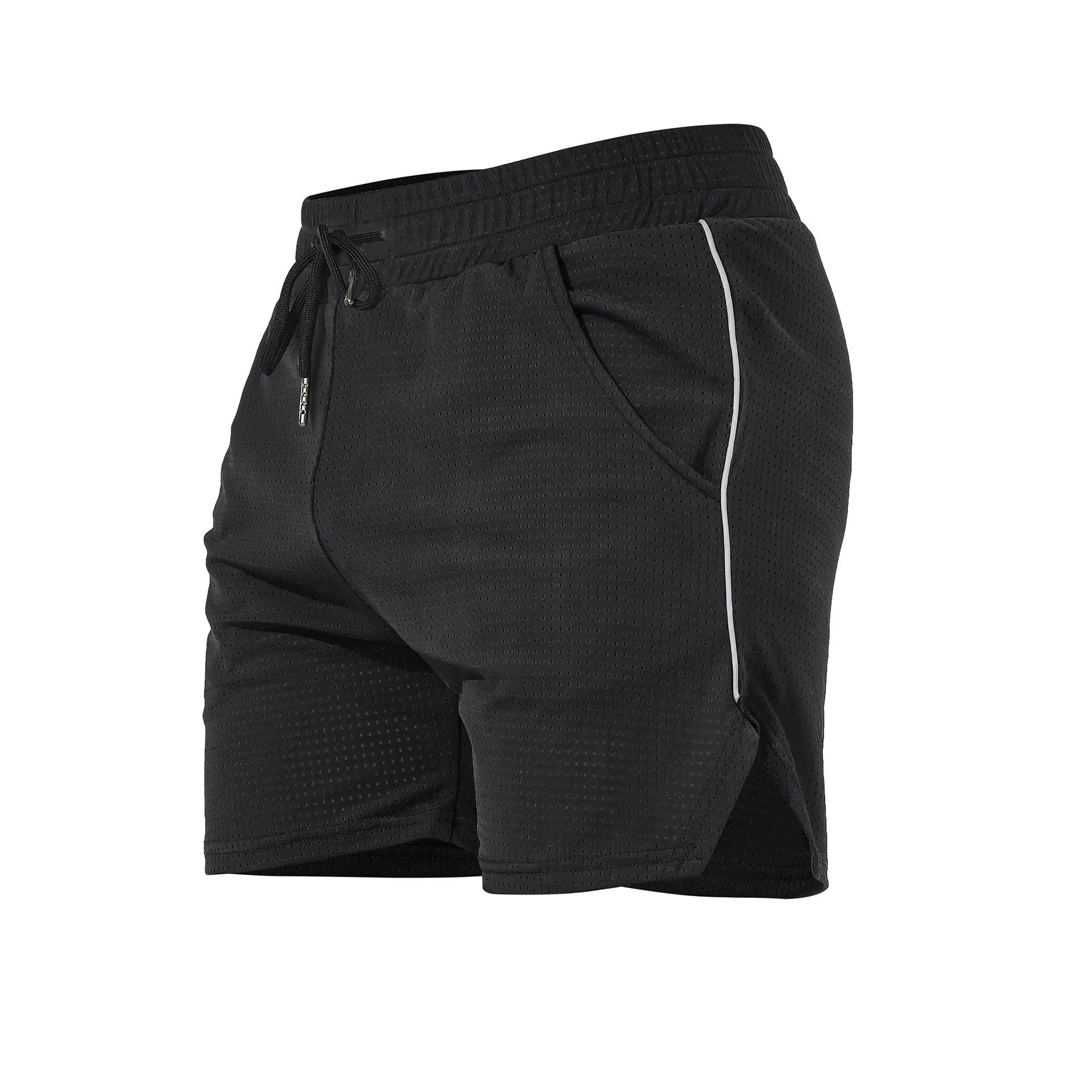 Men's black straight leg polyester sports shorts on a hanger