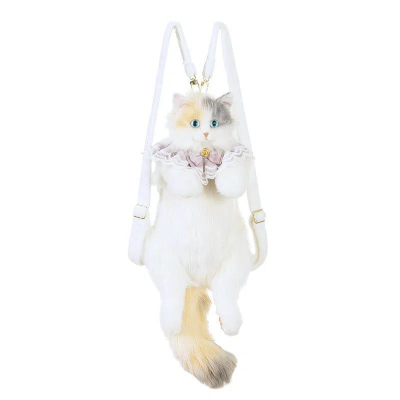 Simulation calico cat backpack plush with lace bell collar, front view, soft plush material