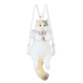 Simulation calico cat backpack plush with lace bell collar, front view, soft plush material