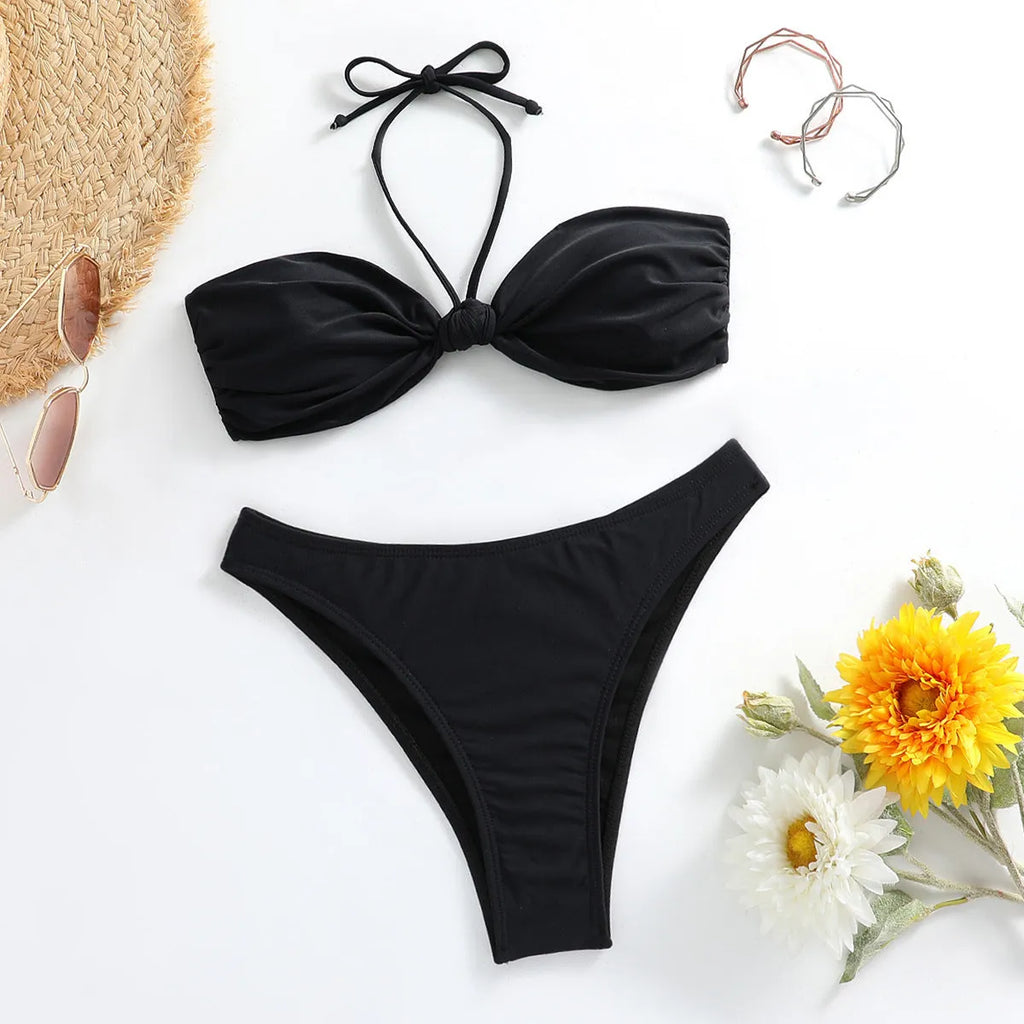 Black women's polyester bikini set with lace-up tube top and matching briefs