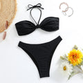 Black women's polyester bikini set with lace-up tube top and matching briefs