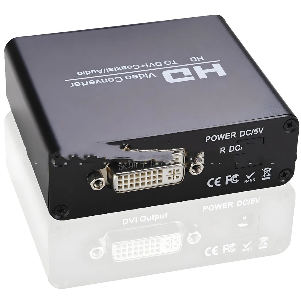Black HDMI to DVI converter with 1.5m cable and 3.5mm audio output port for 1080p video.