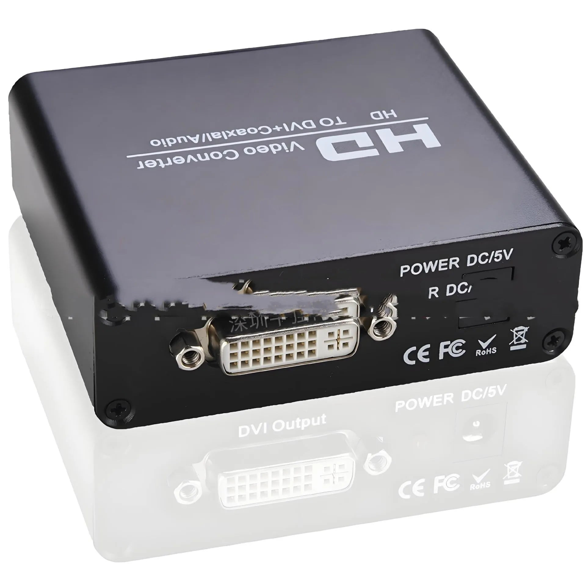 Black HDMI to DVI converter with 1.5m cable and 3.5mm audio output port for 1080p video.