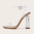 Apricot women's glass heel sandals with round toe and buckle closure on melamine sole