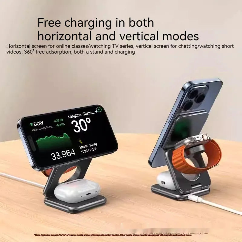 Foldable magnetic wireless charging phone holder in black on a desk