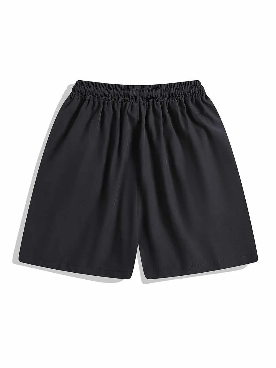 Men's black quick-drying sports shorts with grey contrast panels and elastic waistband