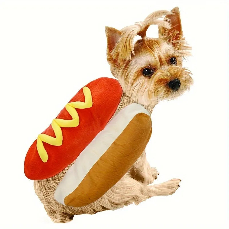 A small dog wearing a soft, stuffed hot dog costume in a winter setting.
