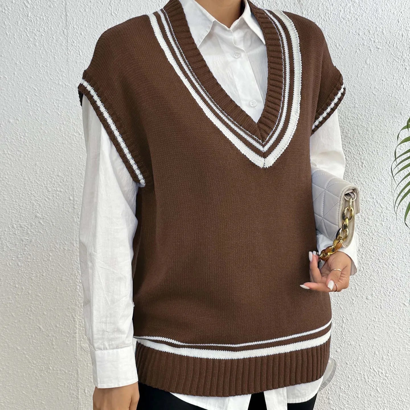 Women's loose fit pullover vest sweater in blue, coffee, or black colours