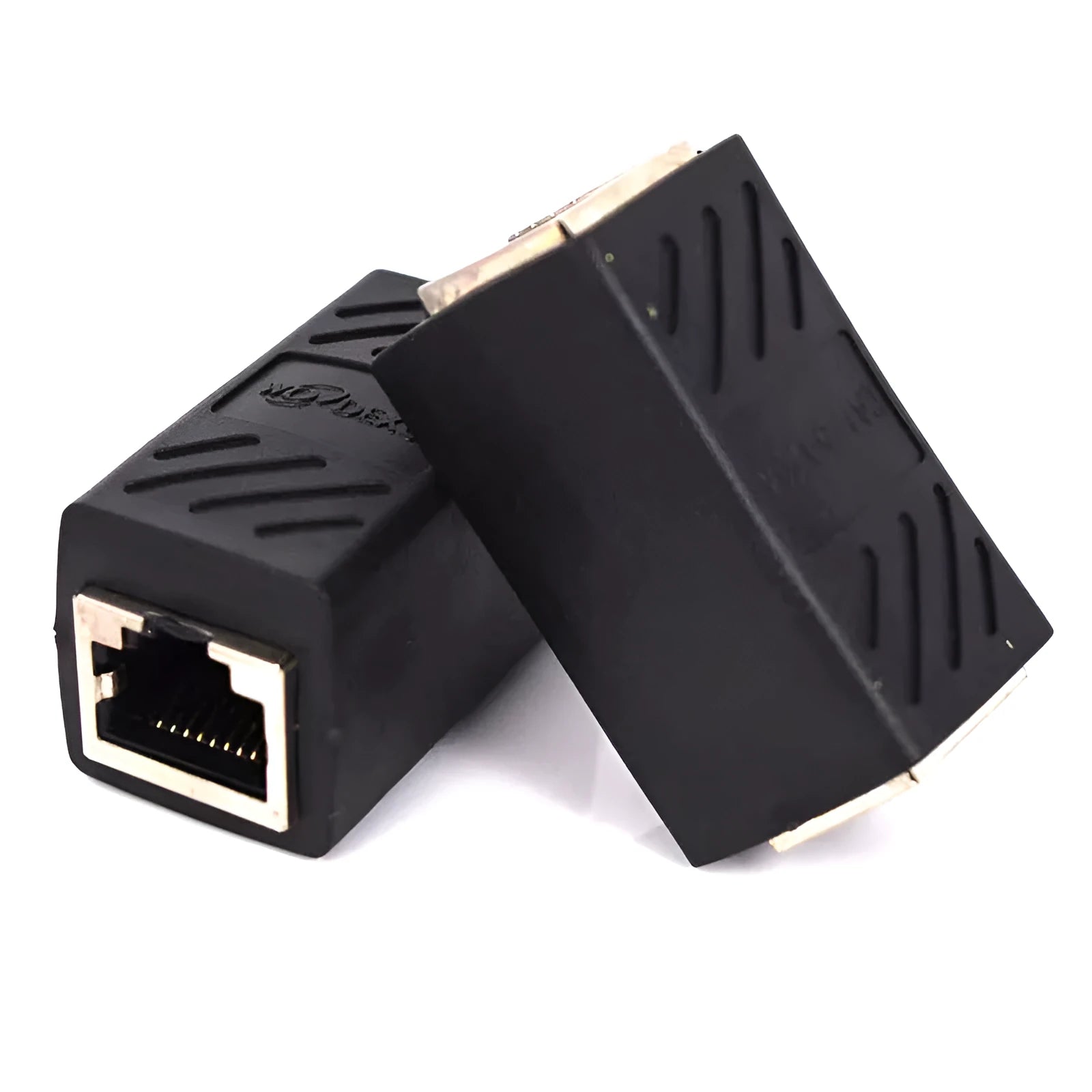Black RJ45 network cable butt joint extender adapter for Ethernet cable connections.