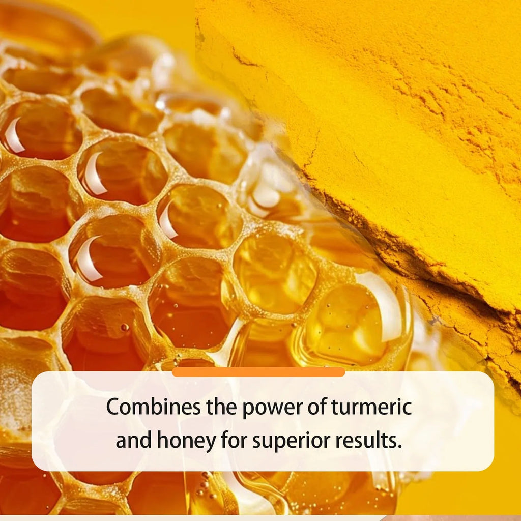 30ml glass bottle of turmeric honey essential oil with a dropper on a wooden surface.