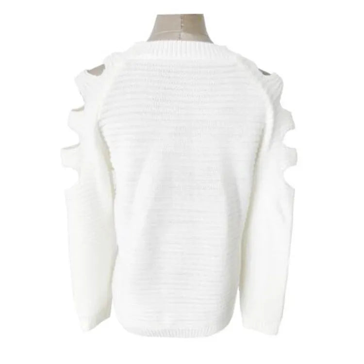Women's white crocheted hollow-out jumper with round neck and long sleeves