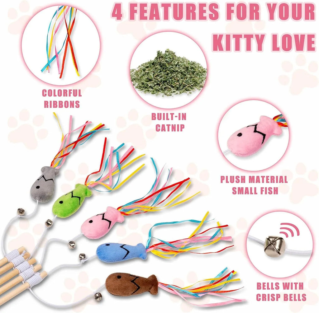 Cat wand toy with wooden handle, colourful ribbons, catnip fish and bell for interactive play with cats
