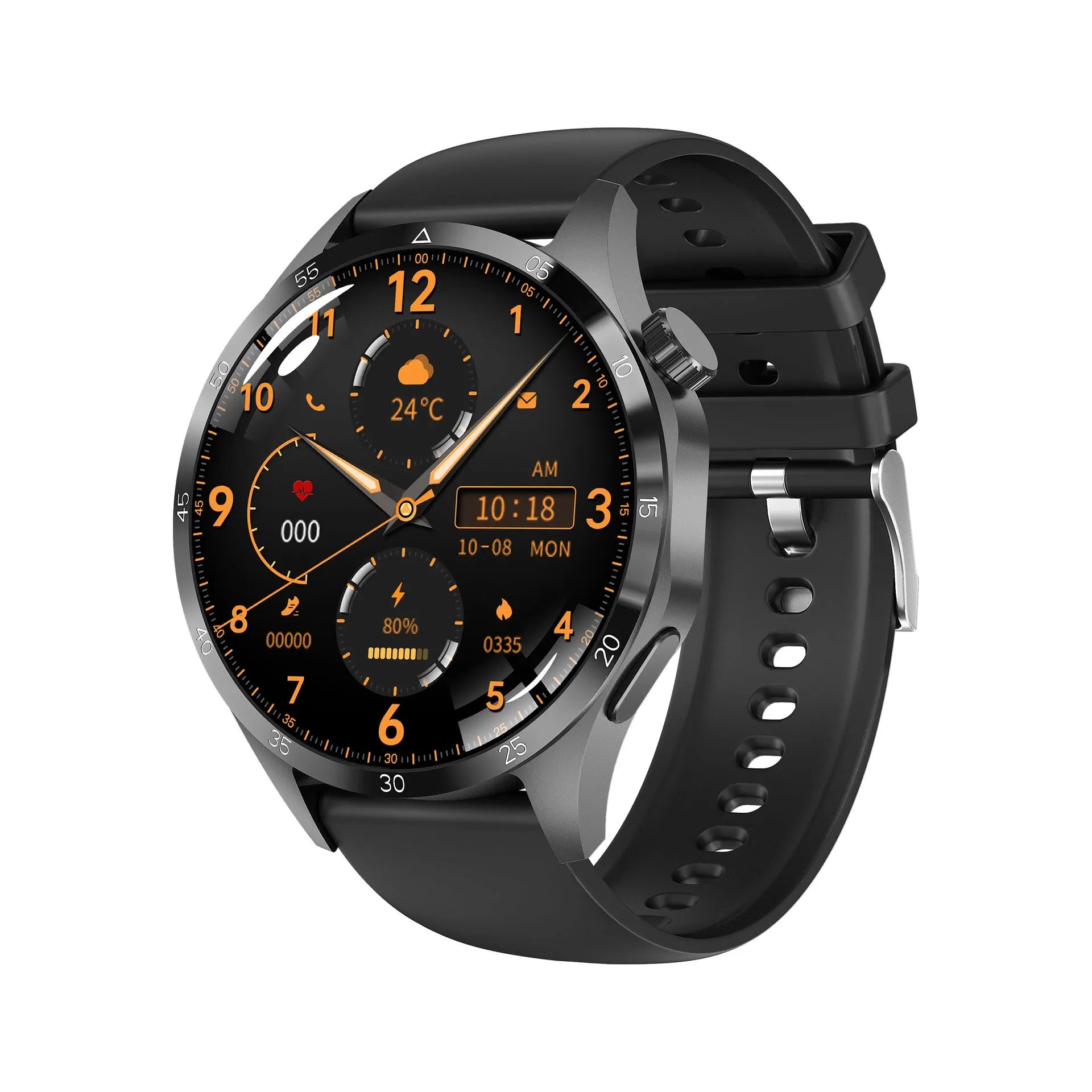 Black smartwatch with Bluetooth calling and sports modes on a silicone strap, displaying heart rate data.
