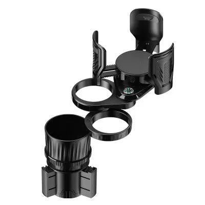 Retractable black car drink holder with adjustable base on a car dashboard.