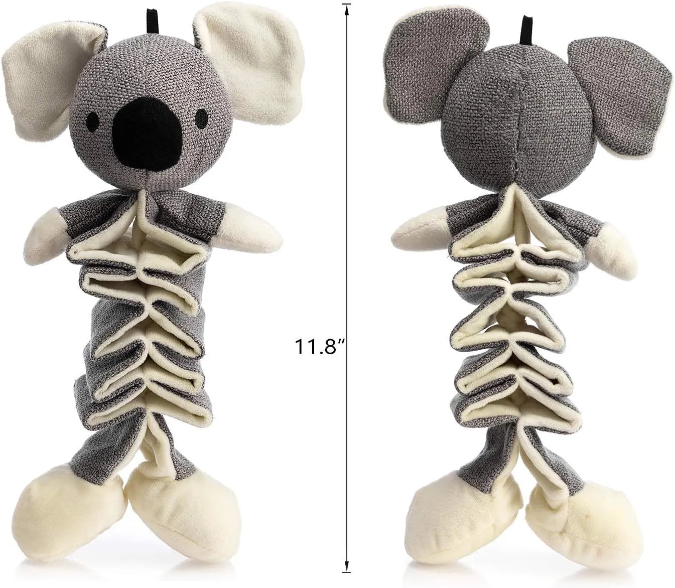 Grey koala squeaky dog toy measuring 30cm with crinkle paper interior and rope reinforcement