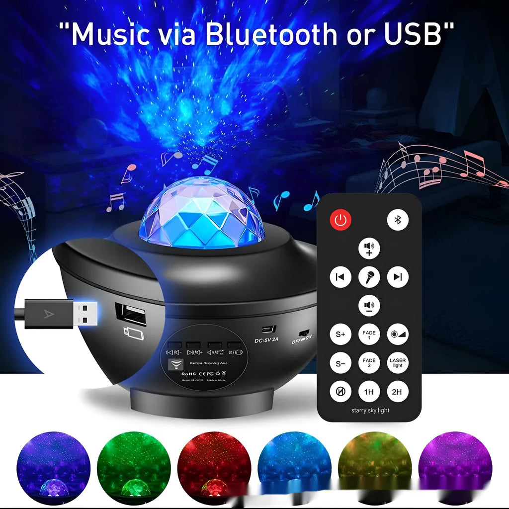 Black parallel style starry sky projection lamp with USB power and Bluetooth music playback