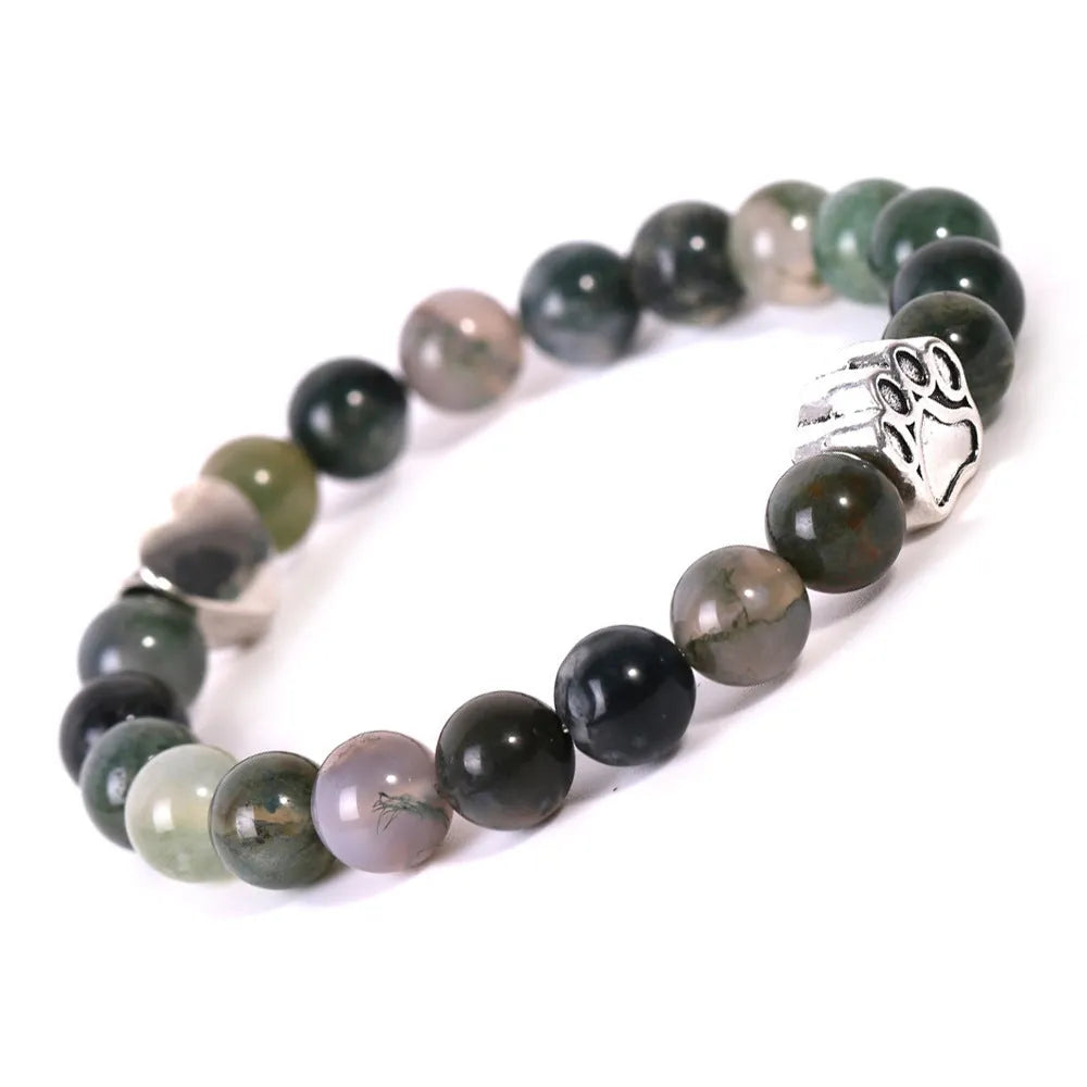 Tiger eye and Indian agate stone bracelet with a silver dog's paw charm and a small love heart on a beaded band.