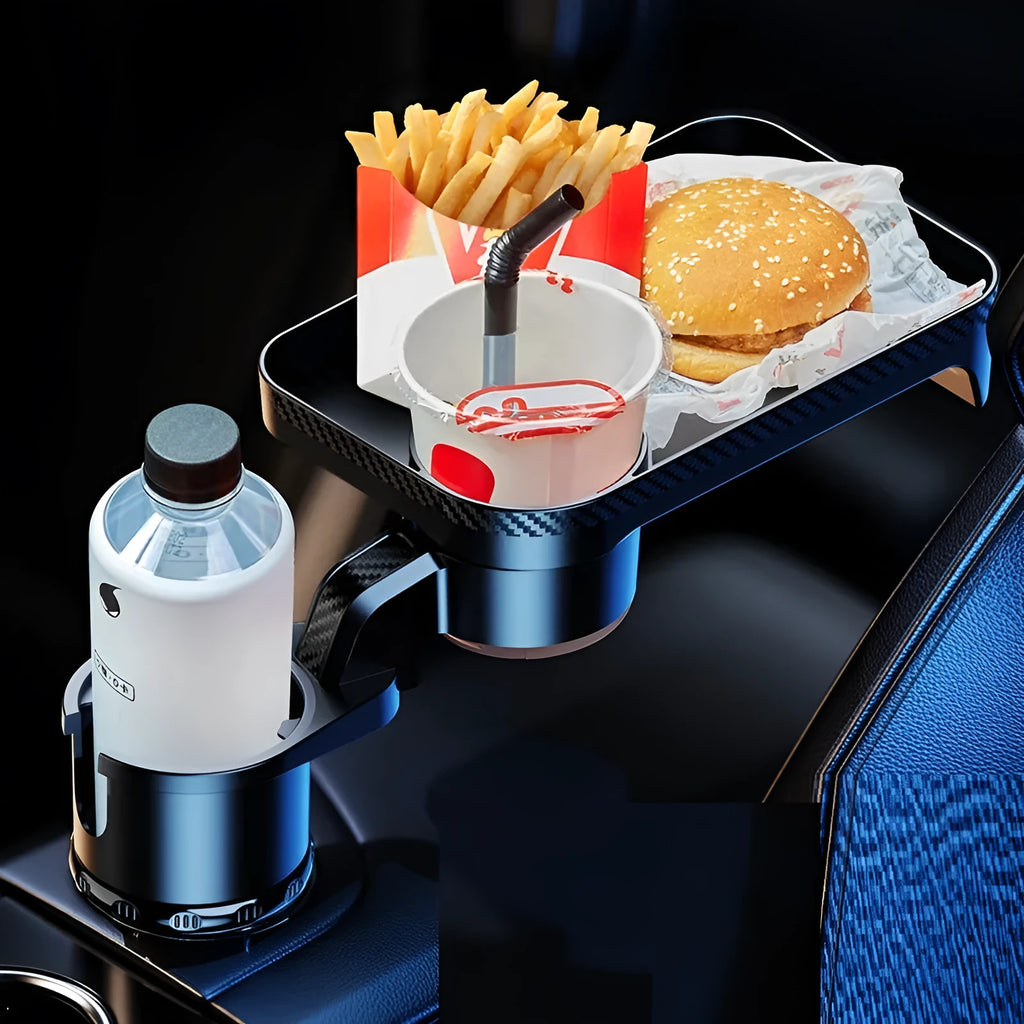 Black rotating car tray holder with detachable plate mounted in vehicle cup holder