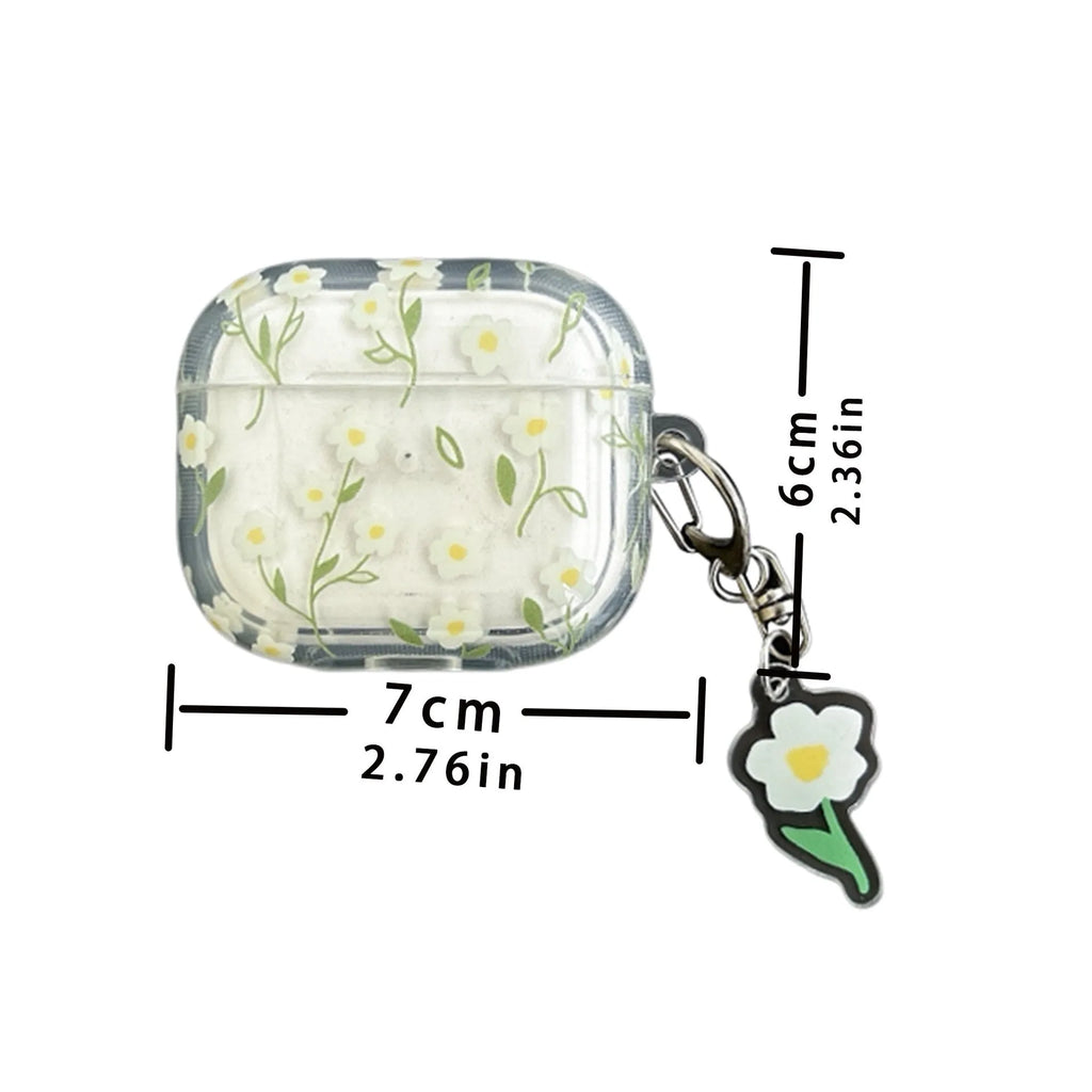 Transparent white floral patterned soft TPU protective case for Apple AirPods on a table.