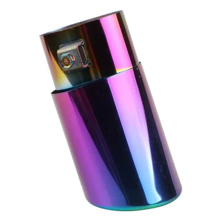 Stainless steel car modification tailpipe in baked blue, bright silver, and colourful finishes, straight and curved styles.