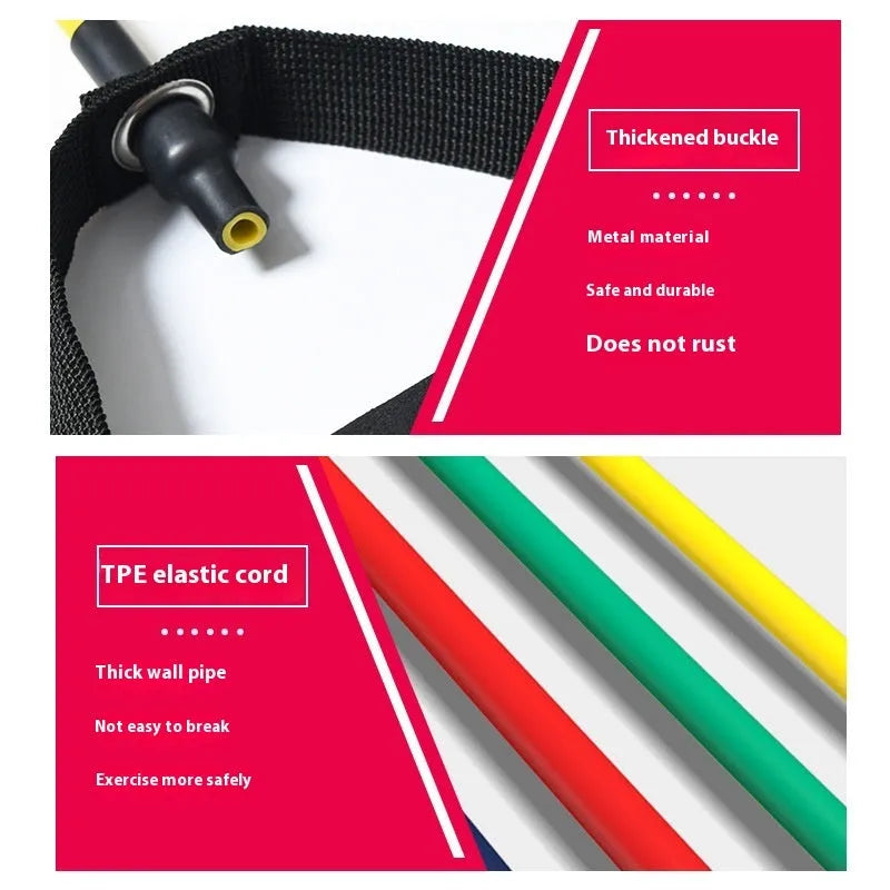 Adjustable chest expander with TPE tension rope showing five colour options for different resistance levels