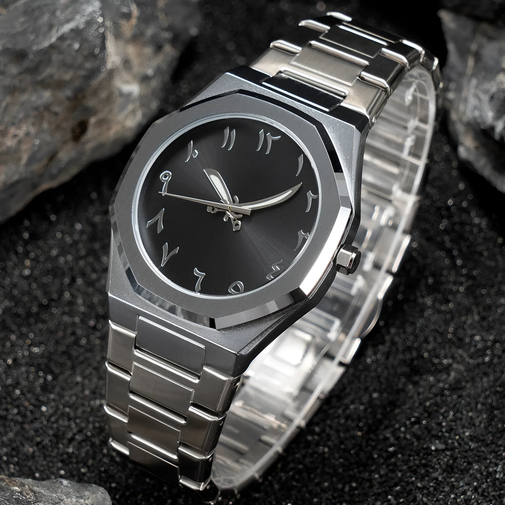 Men's business casual watch with stainless steel band and quartz movement in three colour options