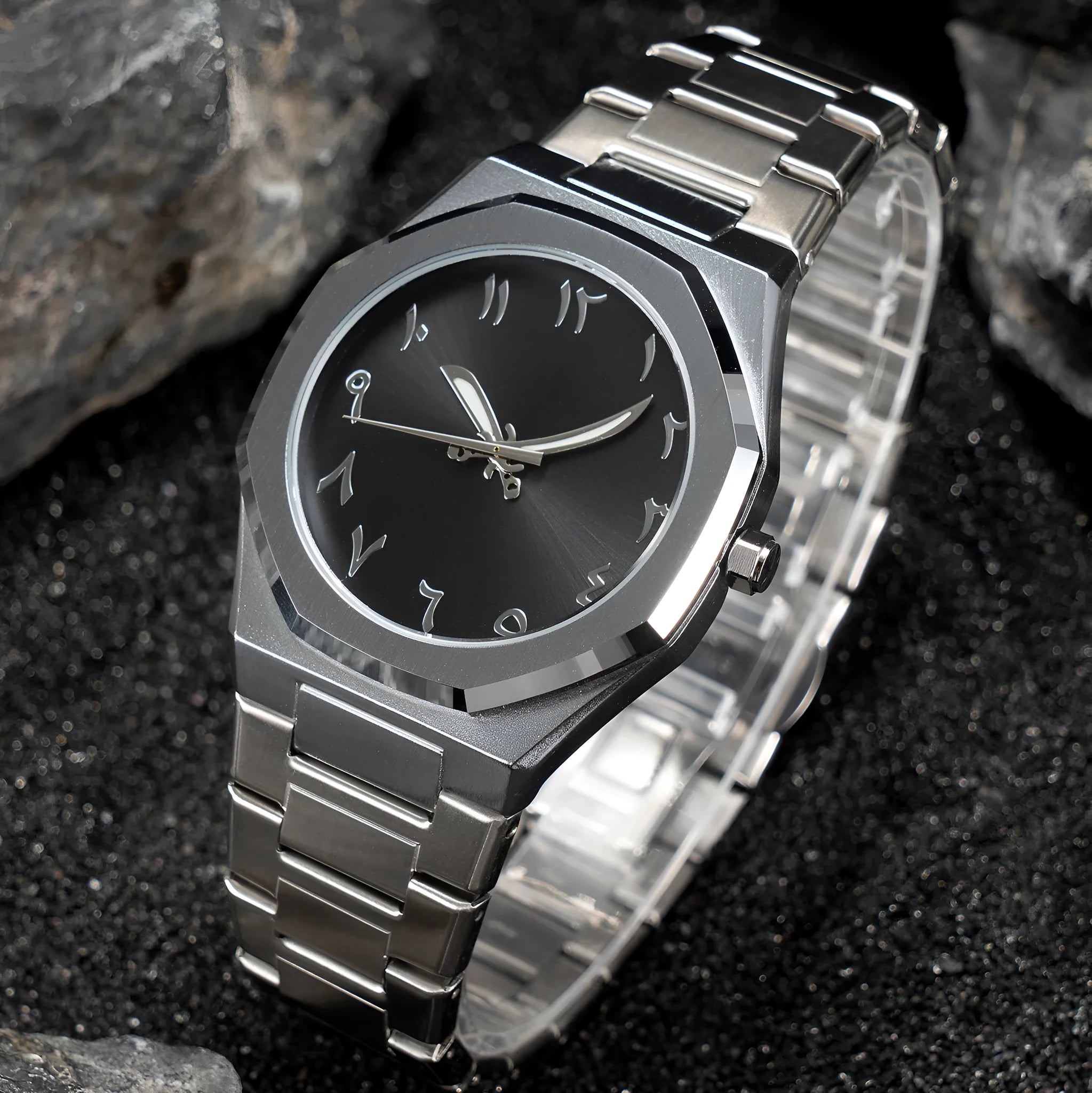 Men's business casual watch with stainless steel band and quartz movement in three colour options