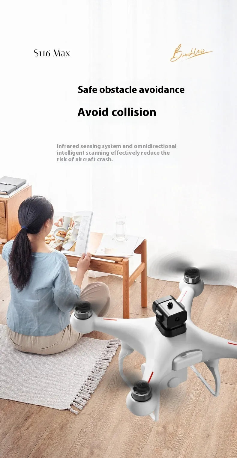 S116 black plastic brushless UAV quadcopter with four-side obstacle avoidance and HD camera, shown with remote control.