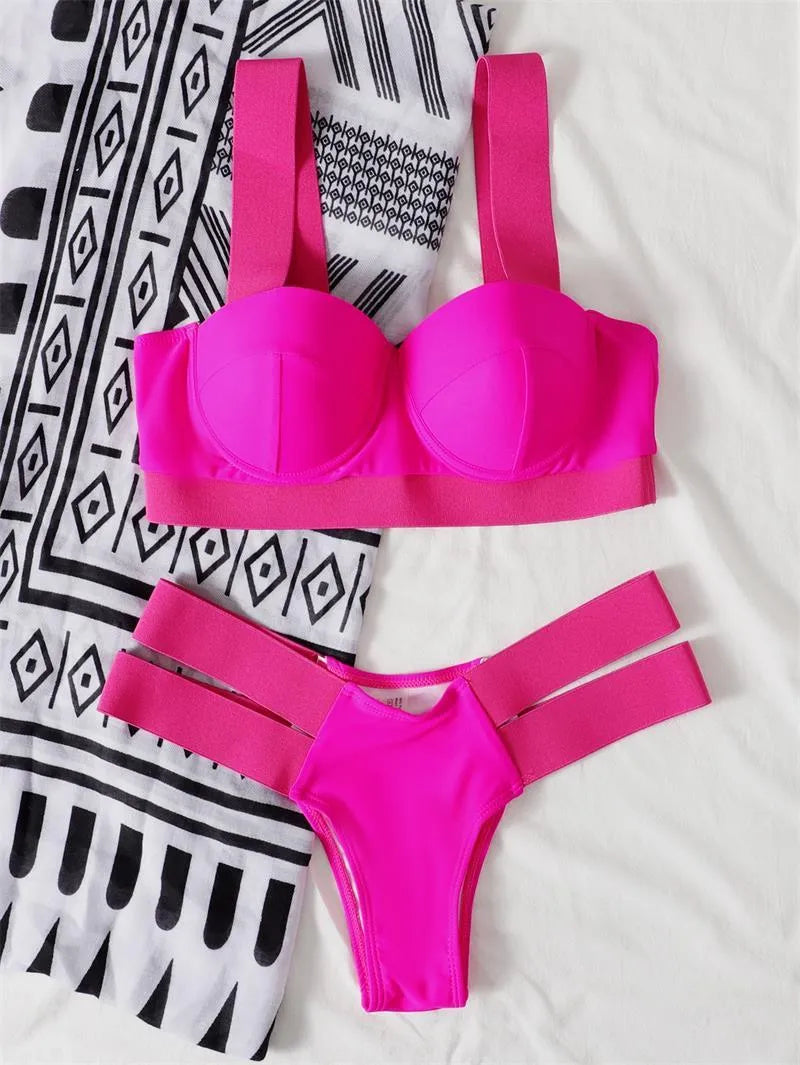 Women's rose red push-up bikini with steel bracket support, showing top and bottom separately.