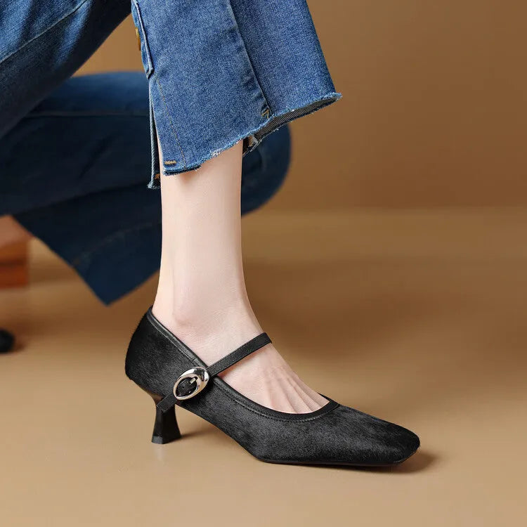 Women's black square toe stiletto heel ankle-strap shoes with horse hair upper and buckle closure.