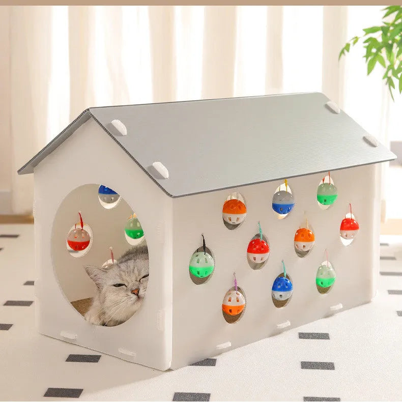 Plastic cat scratch board integrated with nest area, tunnel and bell ball toy components