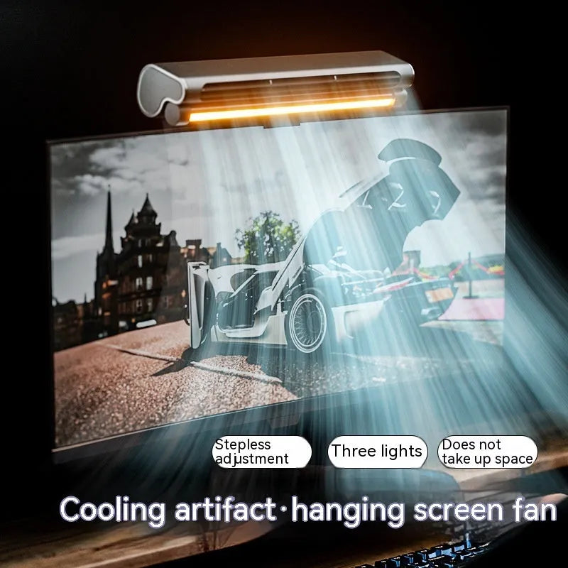 Black bladeless USB desk fan with an integrated lamp, shown clipped to the top of a laptop screen.
