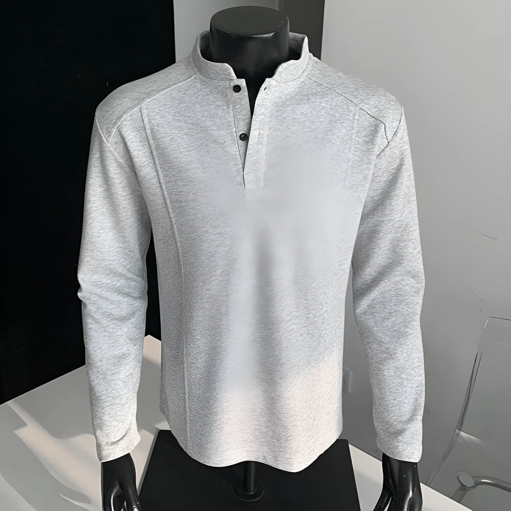 Men's asymmetric patchwork long sleeve polo shirt with a stand-up collar in heather grey.
