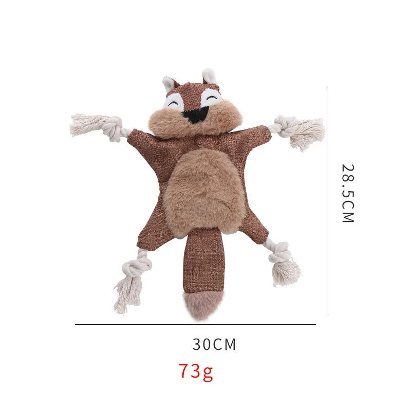 Brown plush fox dog toy with cotton rope limbs, embroidered eyes, and a squeaker.