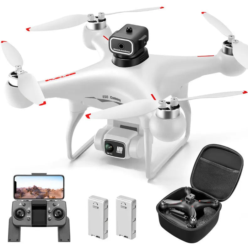 S116 black plastic brushless UAV quadcopter with four-side obstacle avoidance and HD camera, shown with remote control.