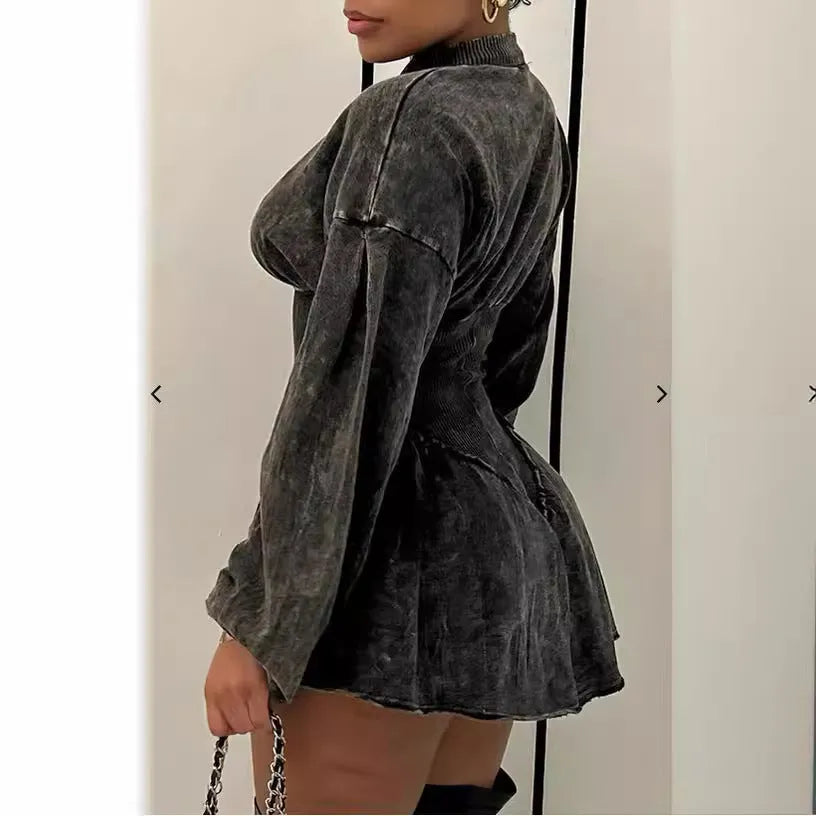 Grey digital print dress with drawstring waistband and slim-fit A-line silhouette