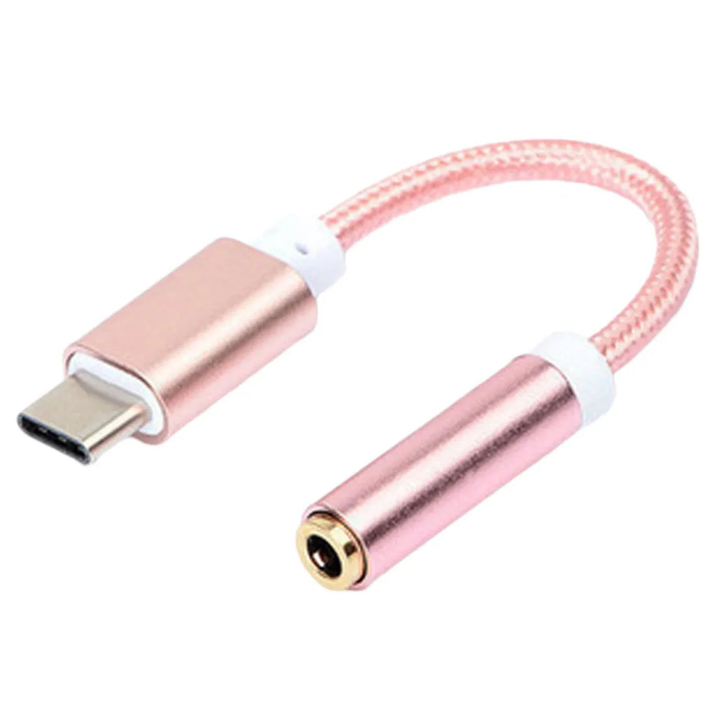 Type-C to 3.5mm audio adapter cable with nylon braided 12cm cable in four colour variants