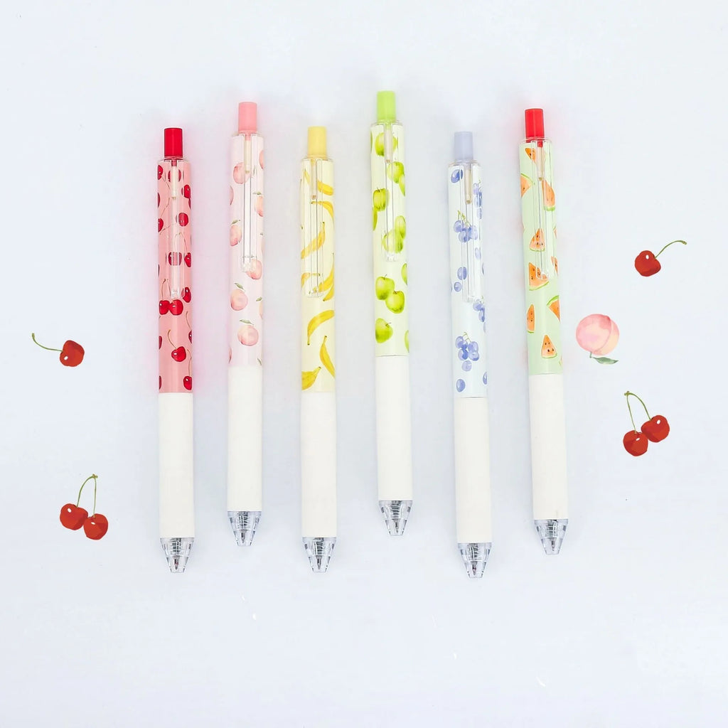 Three fruit scented pressurised pens with 0.5mm black refills and replaceable cartridges
